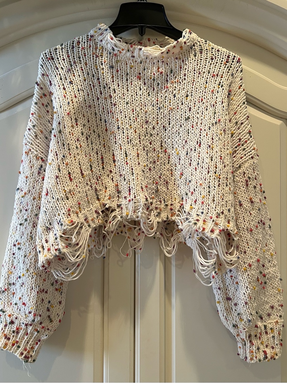 Wild Honey Ivory Speckled Fringe Crewneck Sweater
